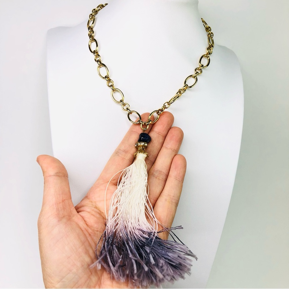 Tassel String Tie-dye Blue Stone Pendant Choker Necklace Gold Tone Color Chain